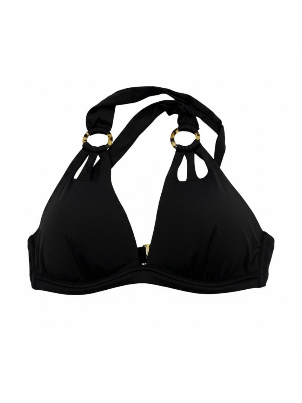NWOT Becca Womens Black Halter Bikini Top With tortoise shell Ring Accents L/XL